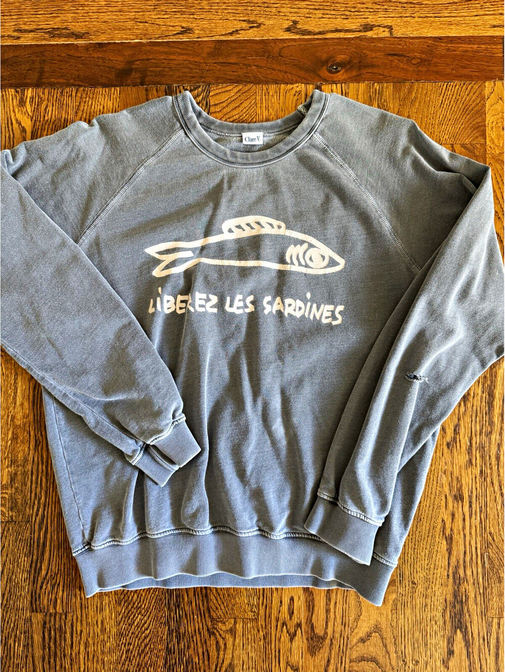 Clare V. Gray Crewneck Sweatshirt Fish Graphic Logo Pullover Women's Size S